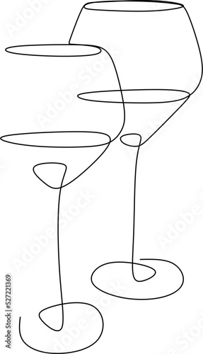 Wine Glass Continuous Line Drawing Black Sketch on White Background. Continuous Simple Drawing of Wine Glass. Minimal One Line Draw Illustration for Cafe, Shop, Delivery.