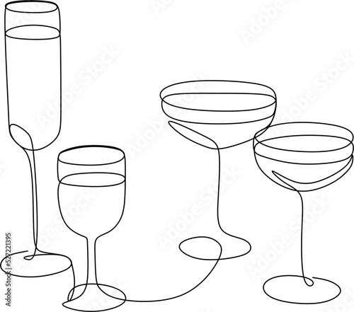 Wine Glass Continuous Line Drawing Black Sketch on White Background. Continuous Simple Drawing of Wine Glass. Minimal One Line Draw Illustration for Cafe, Shop, Delivery.