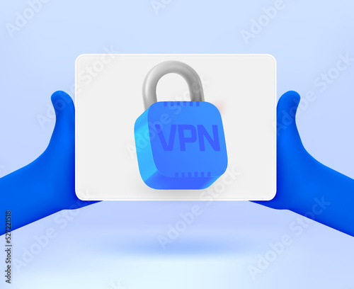 Man holding modern tablet computer with VPN service. 3D vector illustration
 photo