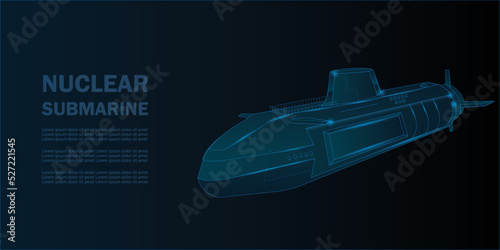 Print op canvas Modern nuclear submarine in wireframe style  with lines and lights vector illustration