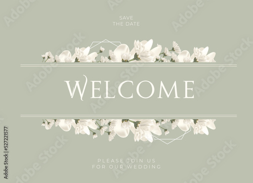 White and green wedding welcome banner card or invitation card with white flower. Nature welcome wedding banner. Nature cover. Wedding card template.