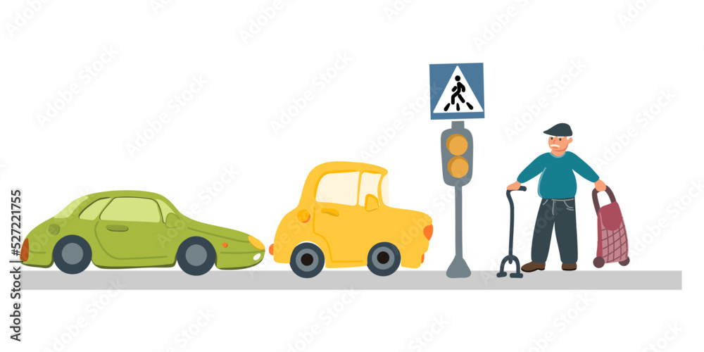 Cars stopped in front of an unregulated pedestrian crossing to let a pedestrian, an elderly or old man with a cane and a bag, pass. The situation on the road. Vector illustration. Copy space. Cars stopped in front of an unregulated pedestrian crossing to let a pedestrian, an elderly or old man with a cane and a bag, pass. The situation on the road. Vector illustration. Copy space.