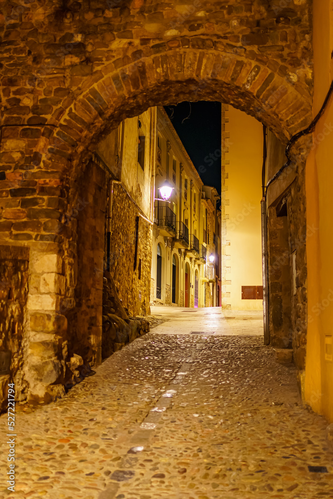 Picturesque alley with stone arch that gives entrance to the city of Besalu at night, Girona, Spain.