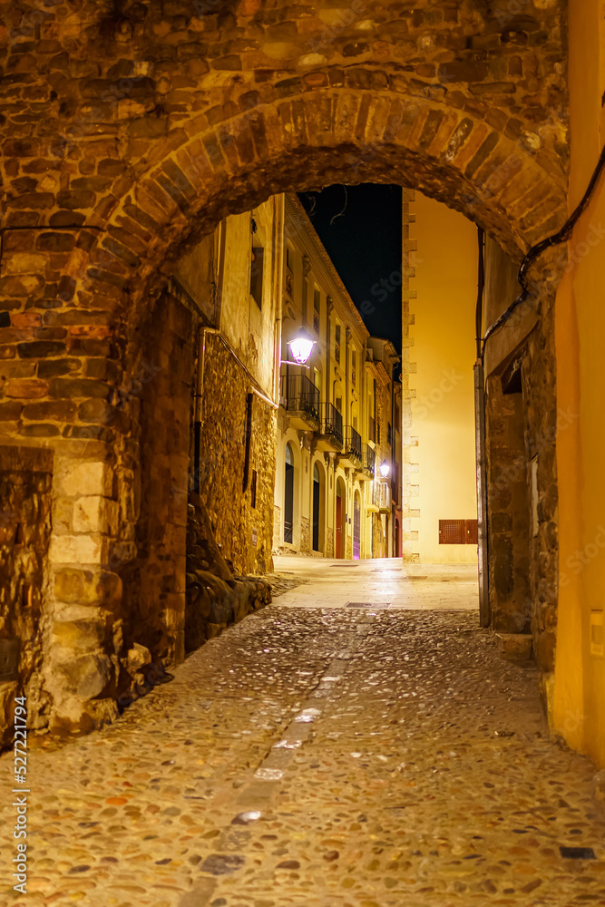 Picturesque alley with stone arch that gives entrance to the city of Besalu at night, Girona, Spain. Picturesque alley with stone arch that gives entrance to the city of Besalu at night, Girona, Spain.