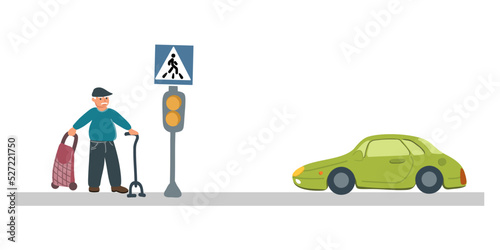 Old man with walking cane moving over crosswalk alone, aged character. Senior pedestrian cross road on zebra with car waiting on traffic lights signal. 
Vector illustration