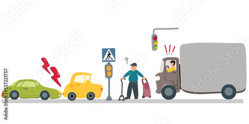 An aggressive or angry male driver yells at an elderly man who is crossing the road. Pedestrian crossing. car accident. Road rage. Vector illustration. Copy space