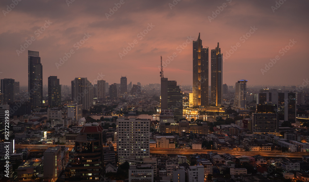 Tall skyscrapers feature urban architecture and modern Bangkok skylines.bangkok city landscape sunset scenery.