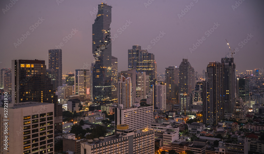 Tall skyscrapers feature urban architecture and modern Bangkok skylines.bangkok city landscape sunset scenery.