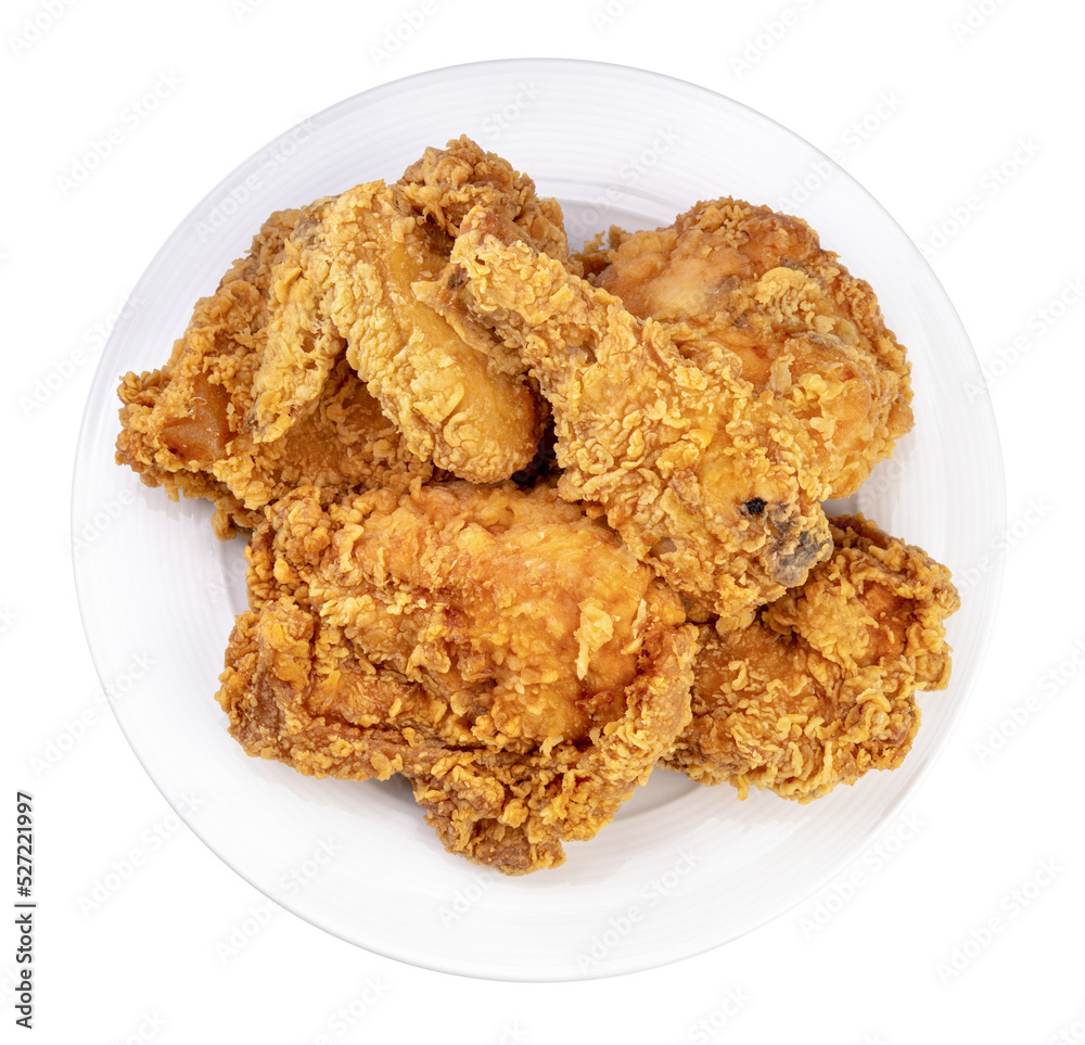 Fried chicken in white plate isolated on white background, Fried chicken on white With clipping path Fried chicken in white plate isolated on white background, Fried chicken on white With clipping path