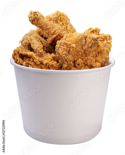Fried chicken in paper box isolated on white background, Fried chicken in paper bucket on white With clipping path