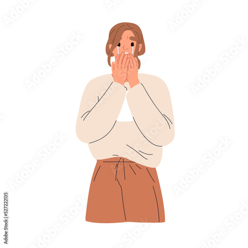 Scared woman crying, startled at smth. Girl weeping in grif, anxiety. Unhappy frightened person in tears with face expression of fright. Flat graphic vector illustration isolated on white background