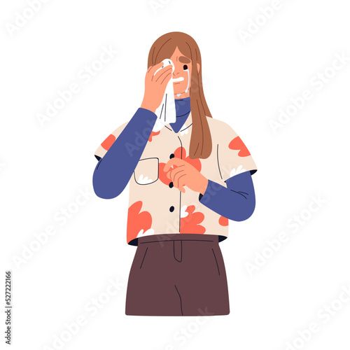 Crying desperate woman wiping tears with handkerchief. Upset sad person in despair, negative bad emotions, unhappy face expression. Flat graphic vector illustration isolated on white background
