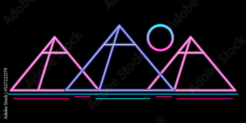 Three pyramids egypt with sun neon light futuristic sci-fi outline icon logo vector design.
