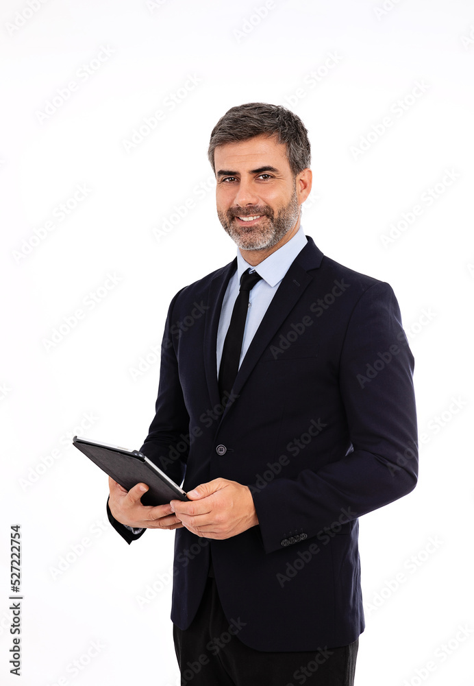 Businessman holding tablet and looking at camera on white background Businessman holding tablet and looking at camera on white background