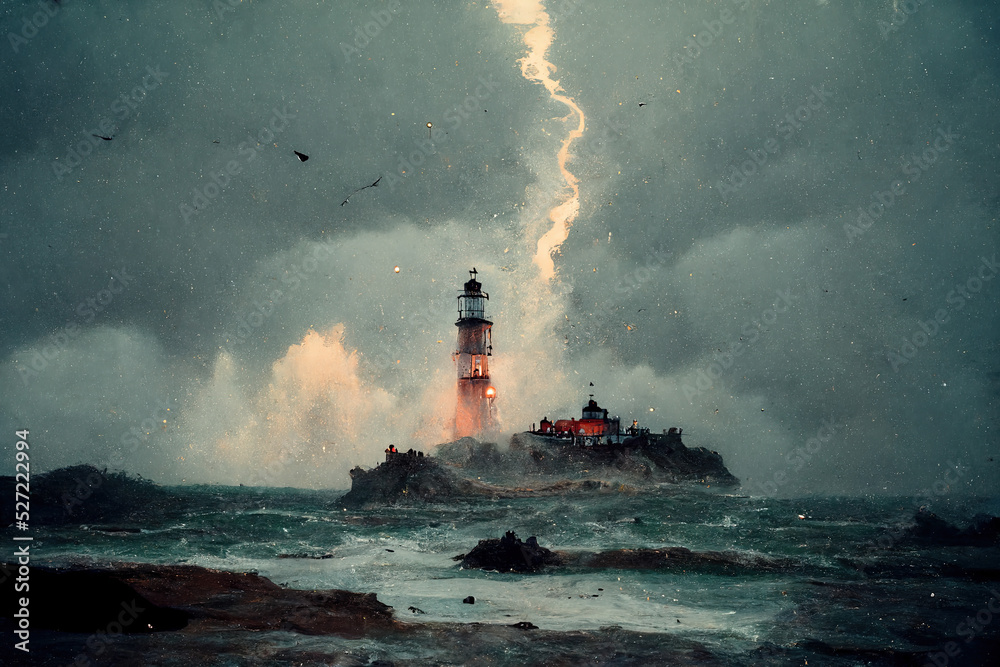 Sea and Lighthouse. Storm Lightning and Dark Cloud. Fantasy Backdrop