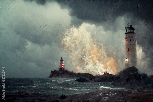 Sea and Lighthouse. Storm Lightning and Dark Cloud. Fantasy Backdrop. Concept Art. Realistic Illustration. Video Game Background. Digital Book Painting. CG Scenery Artwork. Serious Painting. 