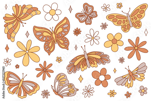 Boho retro groovy butterflies and flowers vector set. Clip art for boho poster, card, t shirt print, sticker.