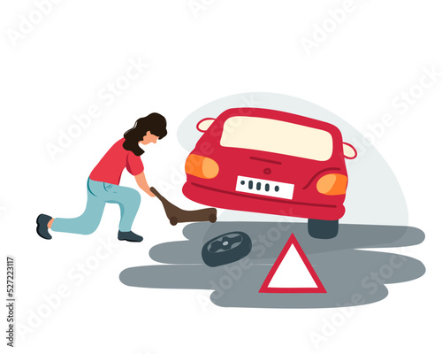 A young woman or girl lifts a car to change a flat tire on the road. A roadside assistance worker changes the wheel of a car on a highway. Vector illustration