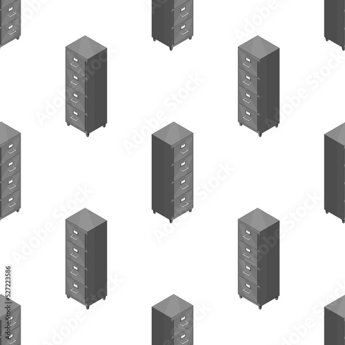 Large isometric set of drawers with documents. Isometric iron drawer from an old cabinet with secret documents. Seamless pattern. Vector illustration in cartoon style. Office furniture.