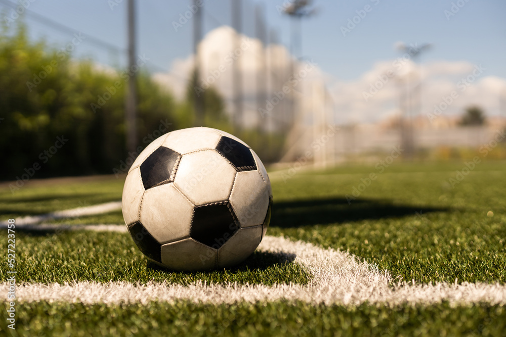 close-up view of leather soccer ball on green grass.