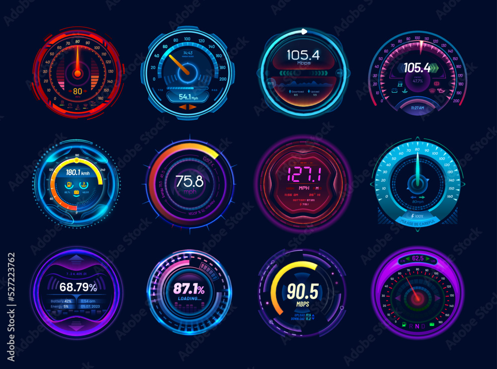 Car speedometer gauges, speed meter neon digital display dials