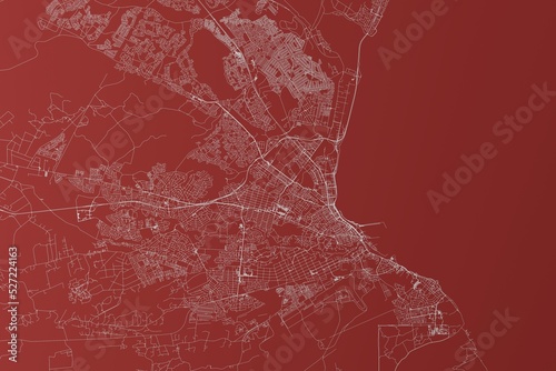 Map of the streets of Port Elizabeth (South Africa) made with white lines on red background. Top view. 3d render, illustration