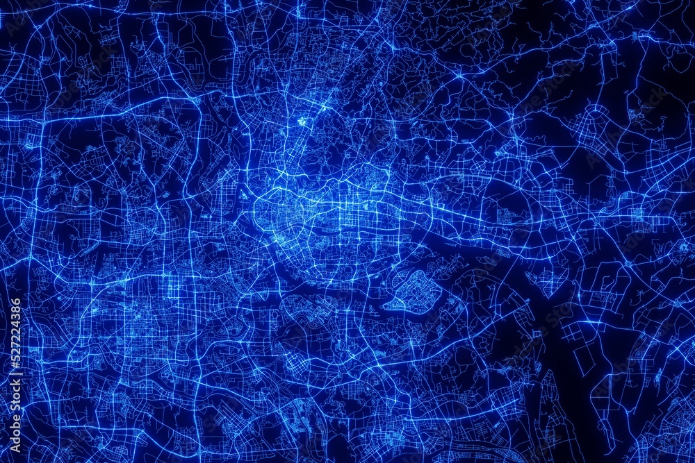 Street map of Guangzhou (China) made with blue illumination and glow effect. Top view on roads network Street map of Guangzhou (China) made with blue illumination and glow effect. Top view on roads network
