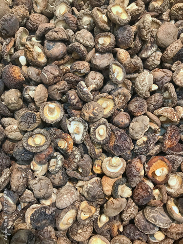 Pile of dried shiitake mushrooms for sale in market 