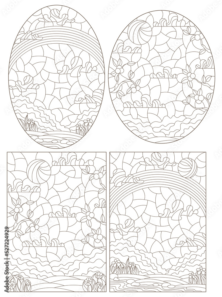 Set of contour illustrations of stained glass Windows with summer landscapes, dark outlines on a white background