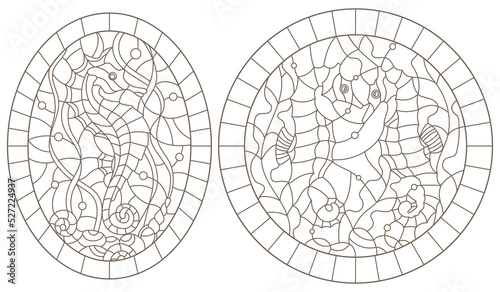 Set contour illustrations of stained glass with sea horses on a background of seaweed, dark outline on a white background