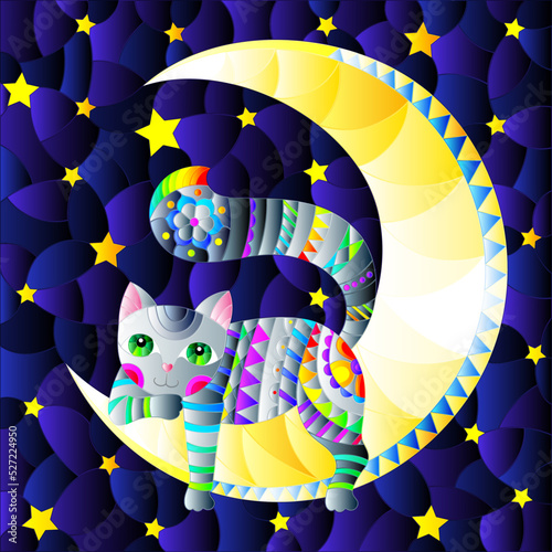 An illustration in the style of a stained glass window with a cute cartoon cat on the moon against the background of the night starry sky