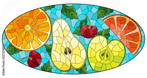 An illustration in the style of a stained glass window with juicy fruits and berries, on a blue background