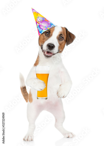 Happy Jack russell terrier puppy wearing  party cap holds glass of beer. isolated on white background © Ermolaev Alexandr