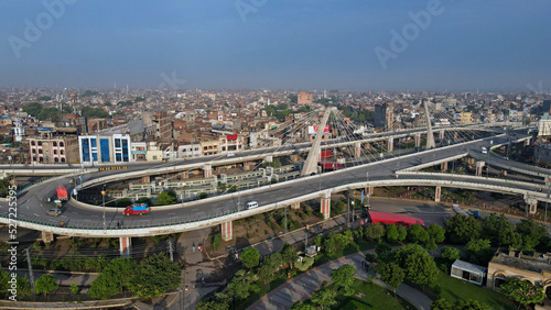 A 180-degree aerial panorama of Aazadi Chowk interchange after sunrise. 