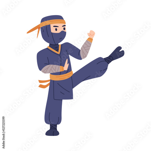 Ninja or Shinobi Character as Japanese Covert Agent or Mercenary in Shozoku Disguise Costume in Fighting Pose Vector Illustration