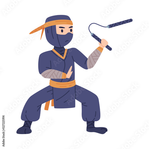 Ninja or Shinobi Character as Japanese Covert Agent or Mercenary in Shozoku Disguise Costume Fighting with Nunchaku Vector Illustration photo