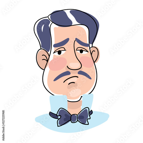 Sad man in a bow tie. Portrait in a line style with colored spots. Isolated on white background. Vector flat illustration