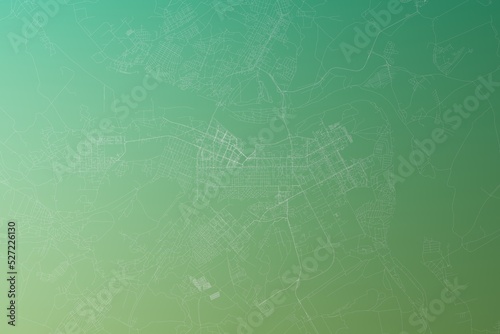 Map of the streets of Kemerovo (Russia) made with white lines on yellowish green gradient background. Top view. 3d render, illustration