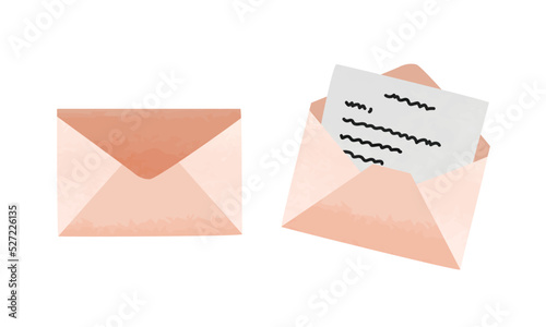 Set of opened and closed envelope clipart. Simple craft paper envelopes watercolor style vector illustration isolated on white. Folded and unfolded envelope with letter cartoon hand drawn doodle style