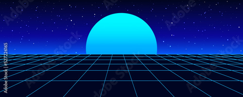 Digital retro perspective grid 1980s style. Futuristic cyber surface. 80s Retro Sci-Fi blue background. Album cover or banner in the style of the 80-90s Vector illustration.