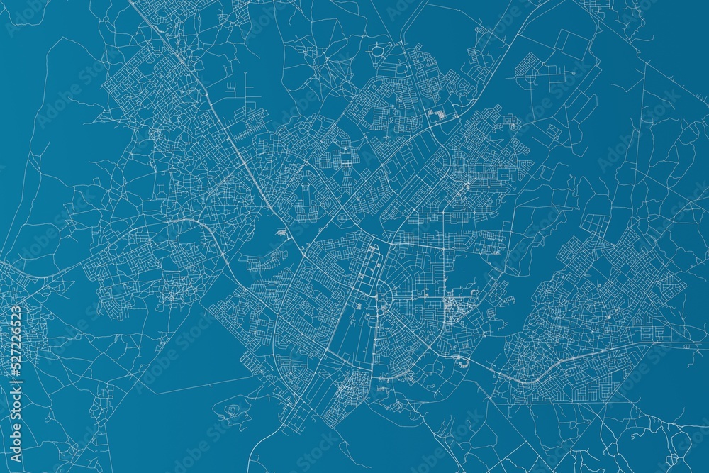 Map of the streets of Gaborone (Botswana) made with white lines on blue background. 3d render, illustration