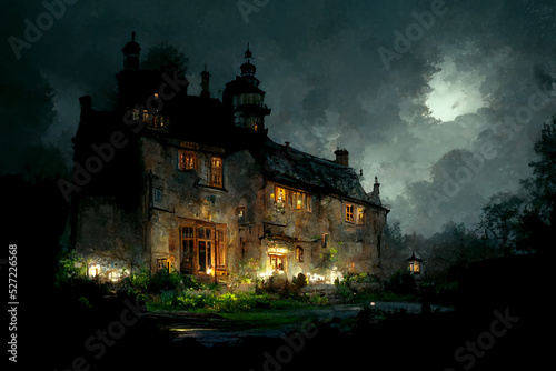 Night fantasy scene with haunted house