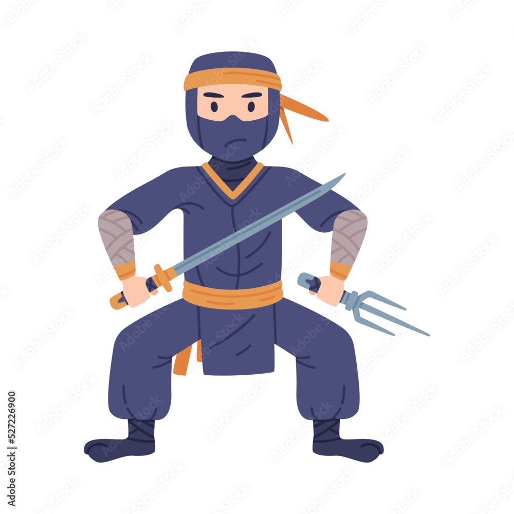 Ninja or Shinobi Character as Japanese Covert Agent or Mercenary in Shozoku Disguise Costume with Sword in Fighting Pose Vector Illustration