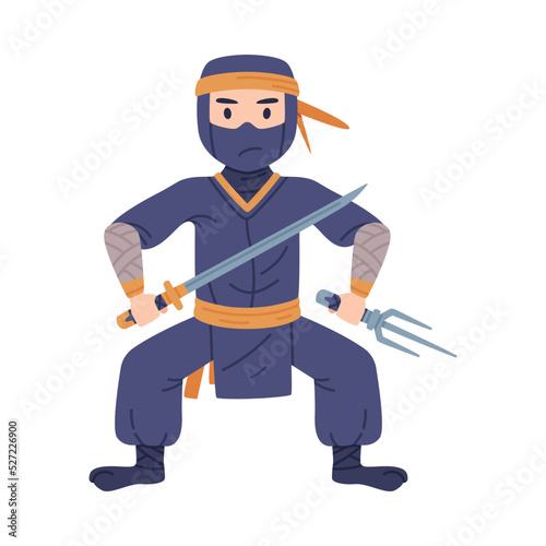 Ninja or Shinobi Character as Japanese Covert Agent or Mercenary in Shozoku Disguise Costume with Sword in Fighting Pose Vector Illustration photo