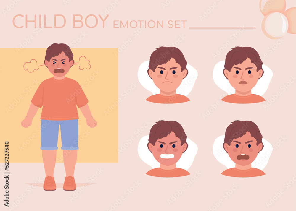 Angry excited little boy semi flat color character emotions set. Editable facial expressions. Offence vector style illustration for motion graphic design and animation. Quicksand font used Angry excited little boy semi flat color character emotions set. Editable facial expressions. Offence vector style illustration for motion graphic design and animation. Quicksand font used