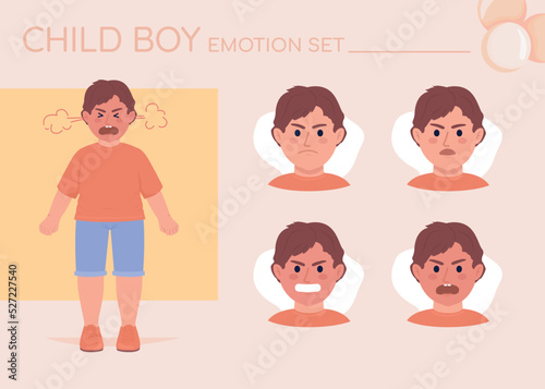 Angry excited little boy semi flat color character emotions set. Editable facial expressions. Offence vector style illustration for motion graphic design and animation. Quicksand font used