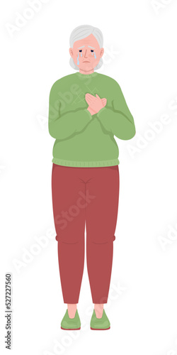 Crying old woman holding hand on heart semi flat color vector character. Editable figure. Full body person on white. Grief simple cartoon style illustration for web graphic design and animation