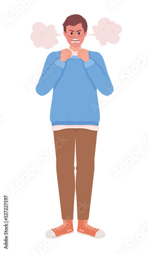Angry nervous man holding fists semi flat color vector character. Editable figure. Full body person on white. Aggression simple cartoon style illustration for web graphic design and animation