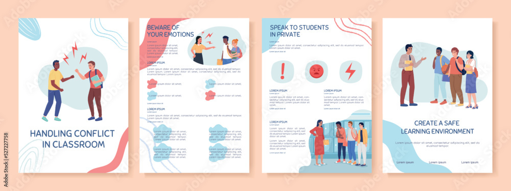 Conflict in classroom flat vector brochure template. College booklet, leaflet printable flat color designs. Editable magazine page, reports kit with text space. Sniglet, Comfortaa fonts used