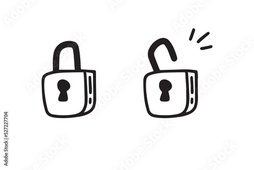 Open closed doodle lock. Hand drawn sketch style. the concept of lock and unlock. Two options